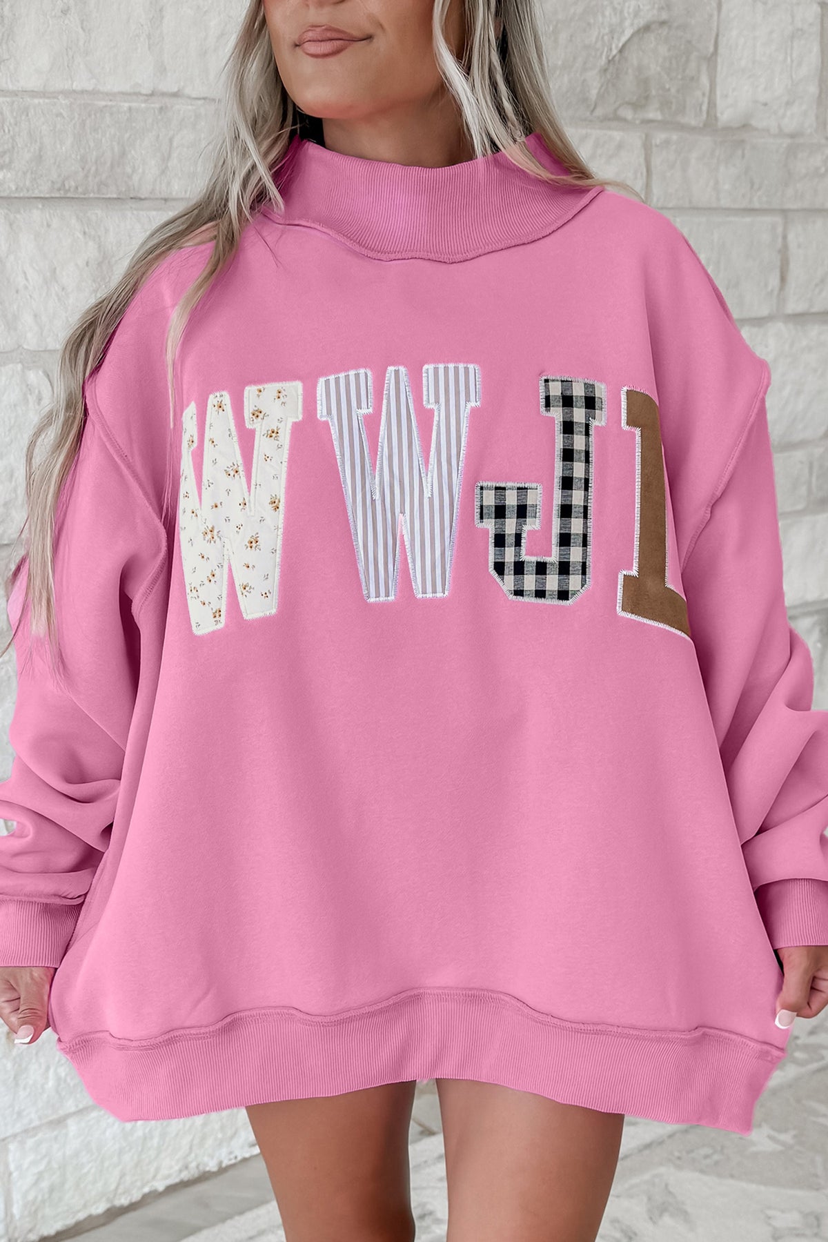 Bonbon WWJD Mixed Pattern Embroidered Patch Graphic Mock Neck Sweatshirt