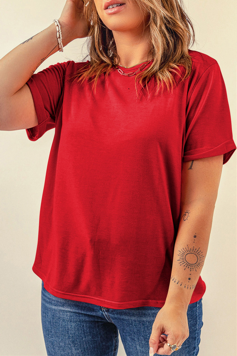 Yellow Cream Casual Plain Crew Neck Tee