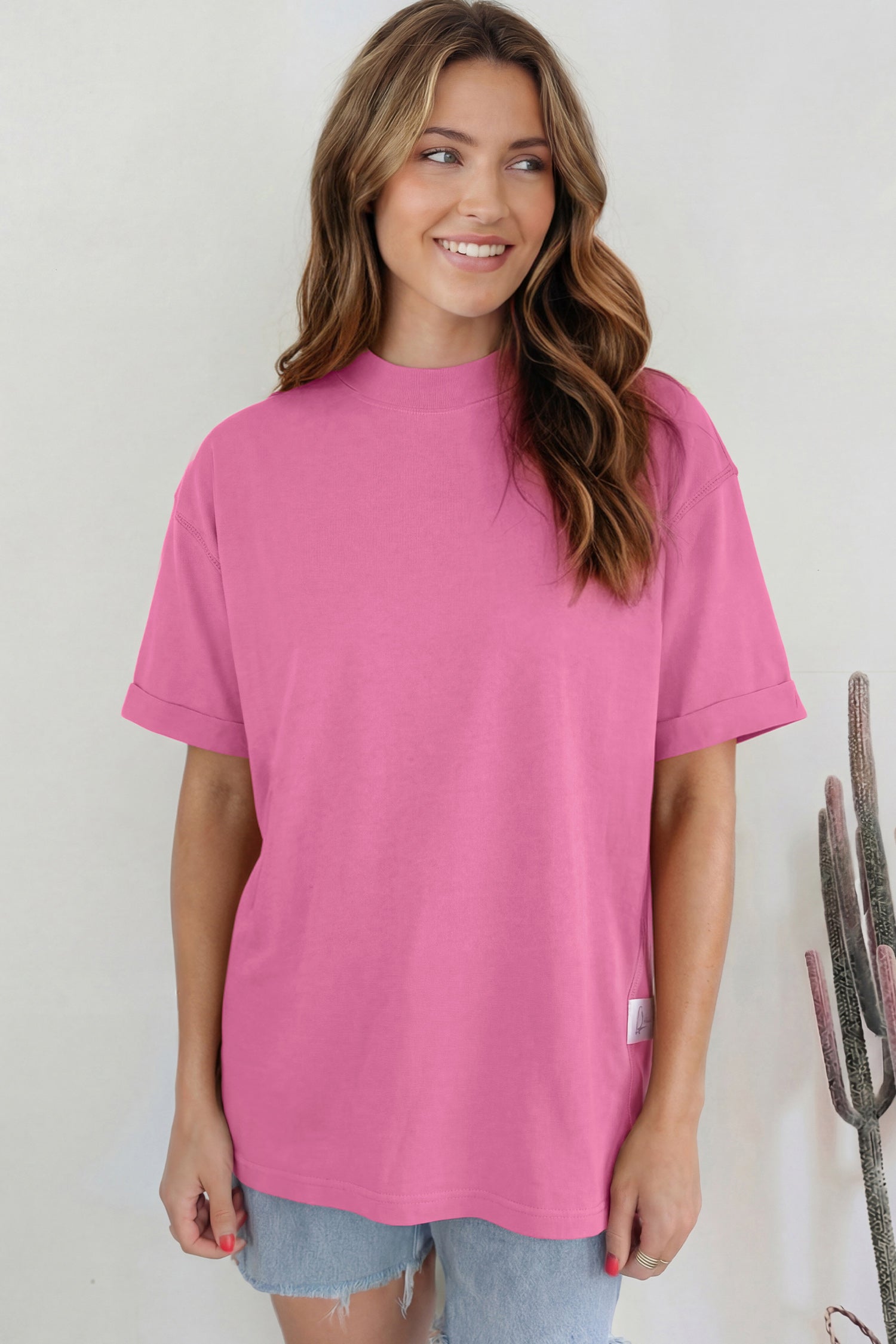 Dark Blue Solid Color High Neck Oversize Tee