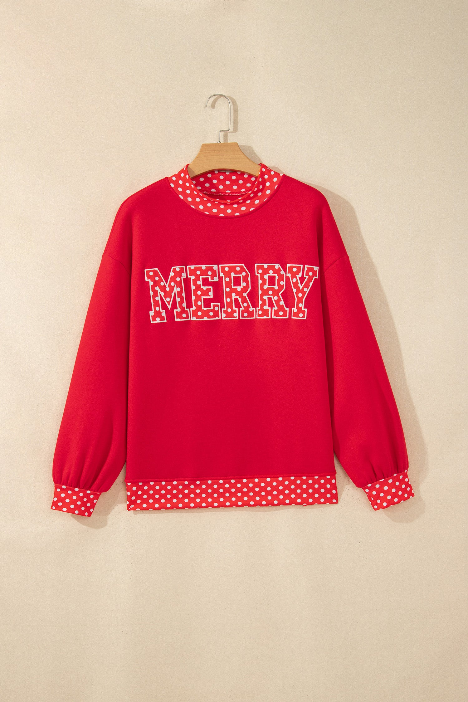 Sail Blue Polka Dot Letter Print Contrast Trim Mock Neck Sweatshirt