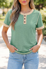 Light Grey Raw Seam Color Block Detail Buttoned Henley Tee