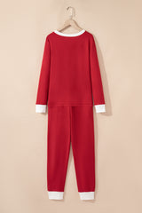 Fiery Red Contrast Trim Button V Neck Ribbon Bow Knot Waist 2pcs Lounge Pant Set