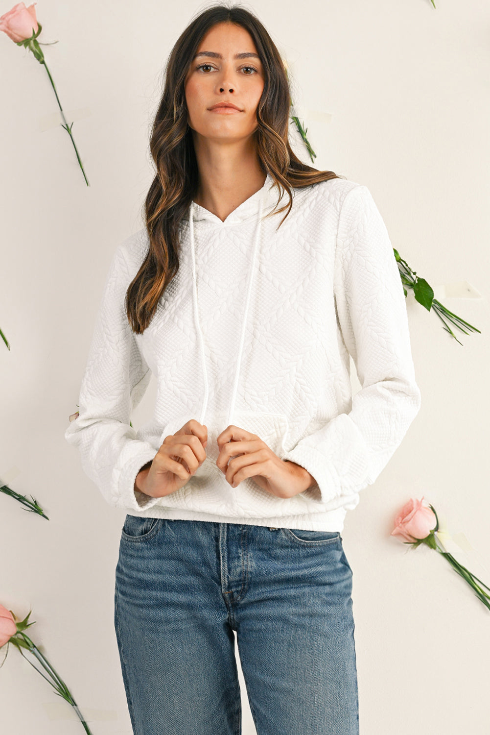 White Lattice Texture Kangaroo Pocket Hoodie