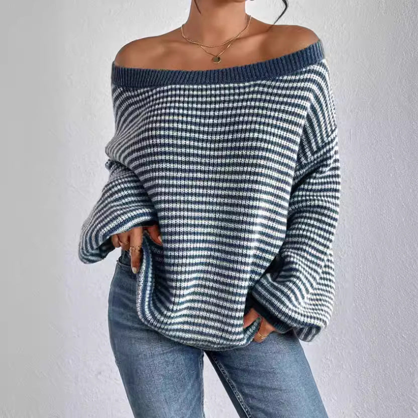 Off-neck Shoulder-baring Sweater Contrast Color