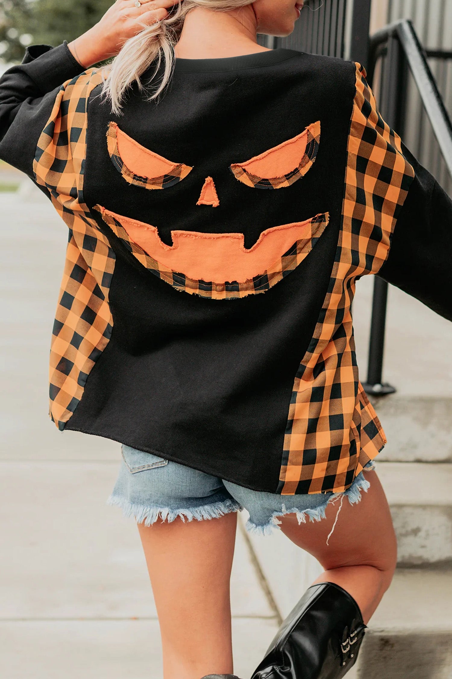 Black Patchwork Plaid Pumpkin Face Long Sleeve Top