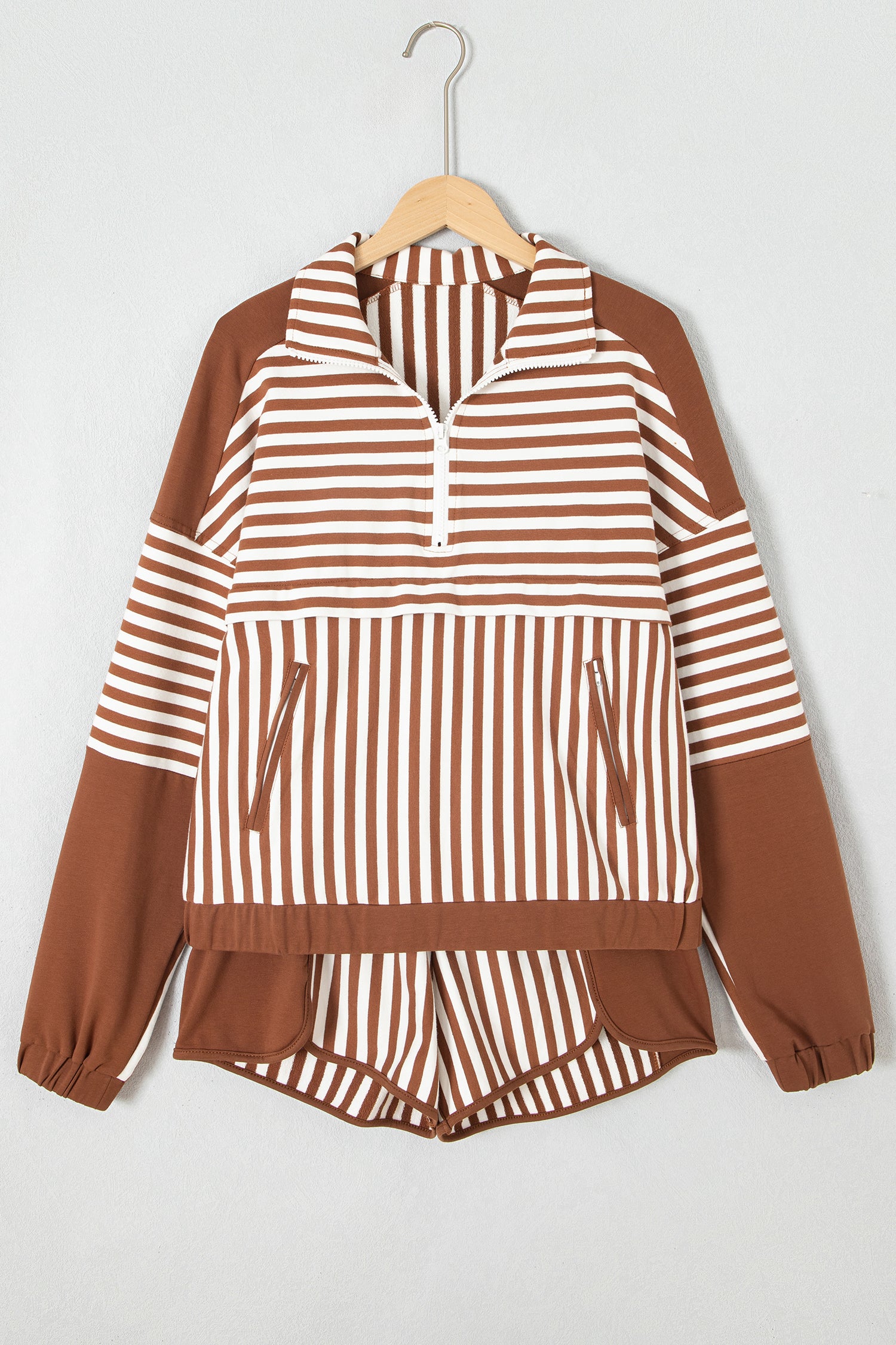 Brown Stripe Color Block Patchwork Quarter Zip Pullover Sporty Shorts Set