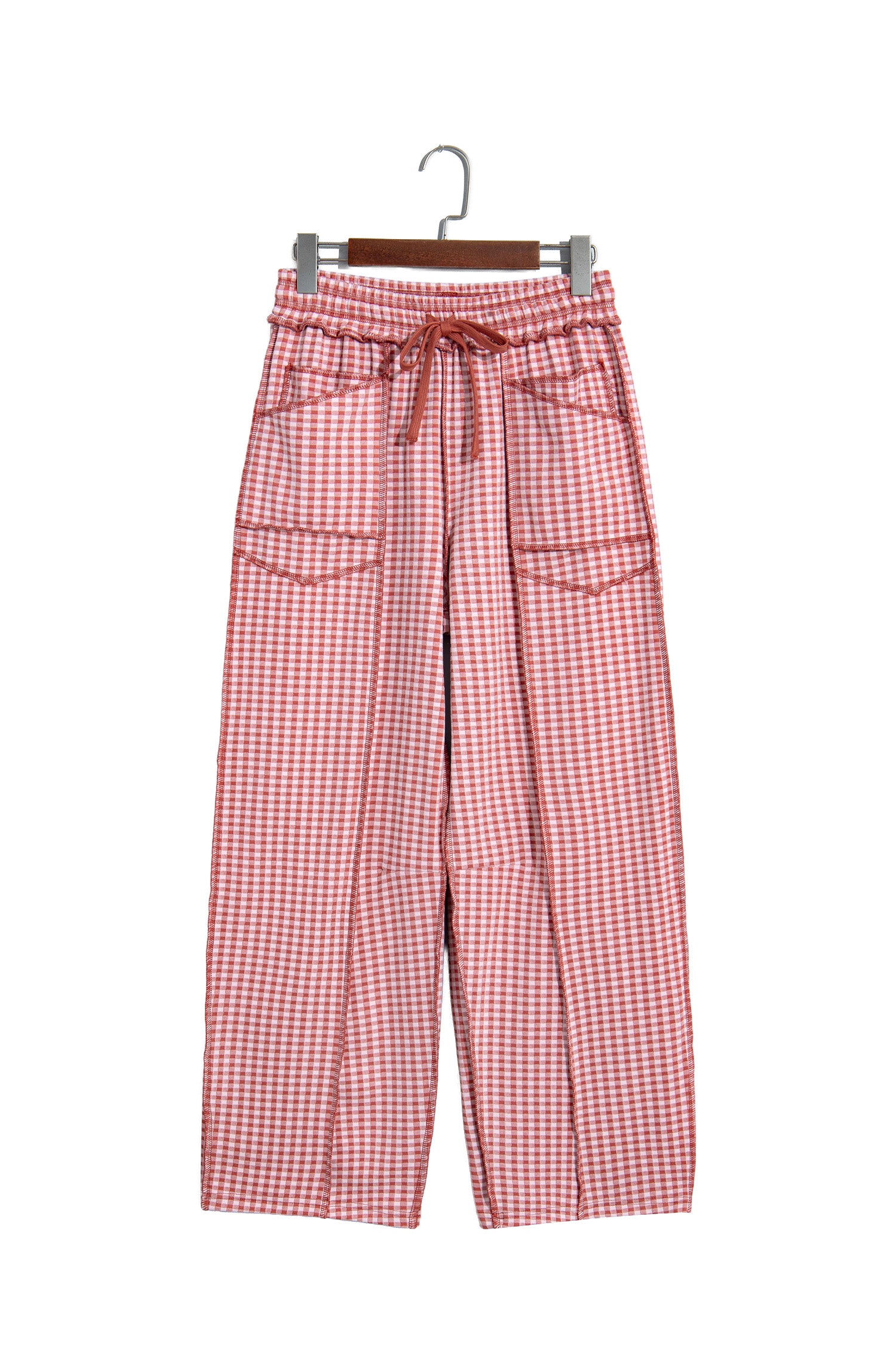 Green Plaid Contrast Trim Drawstring Elastic Waist Shift Pants