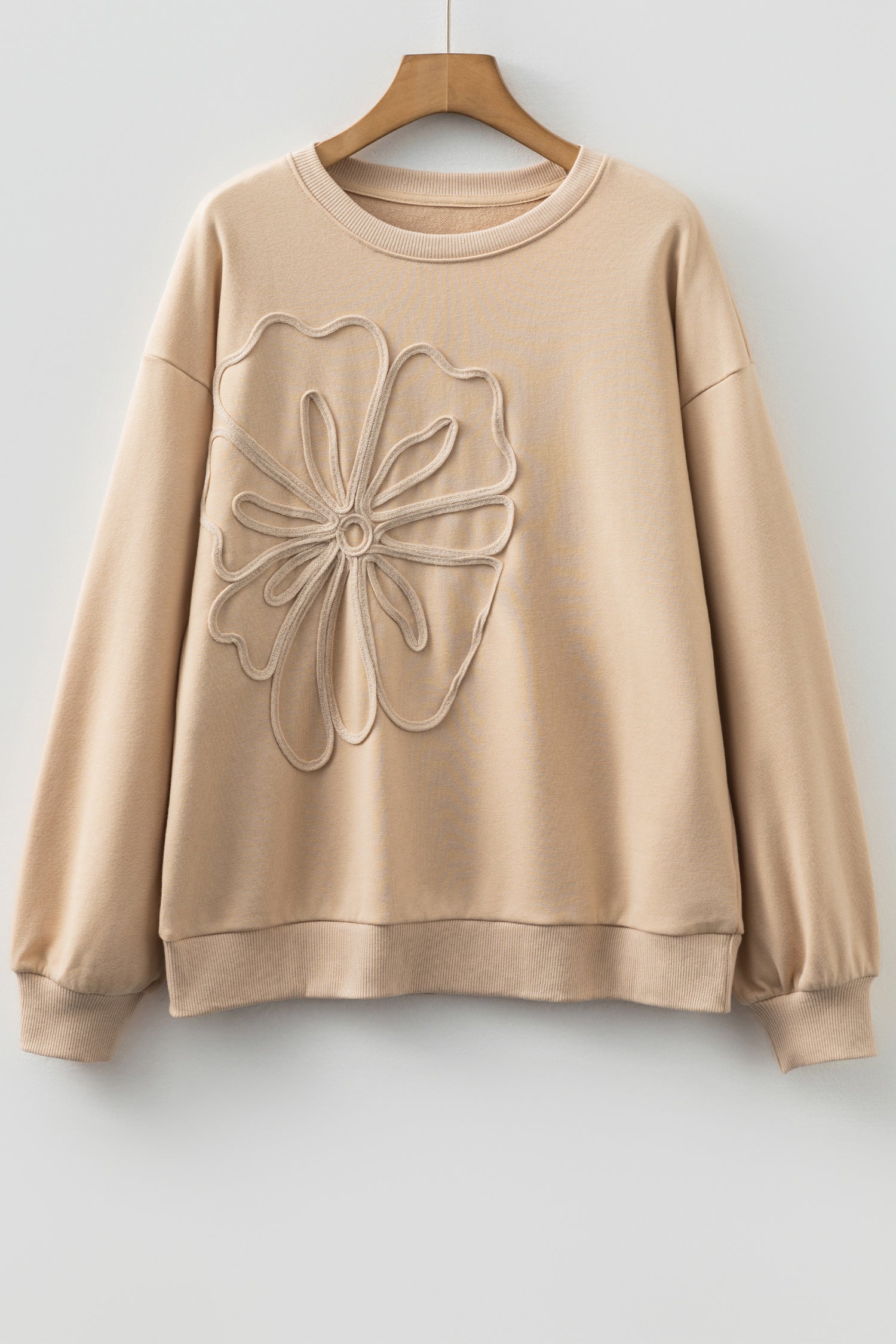 Parchment Embroidered Flower Pattern Drop Shoulder Sweatshirt