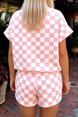 Pink Checkered Print Color Block Trim Mock Neck Short Set