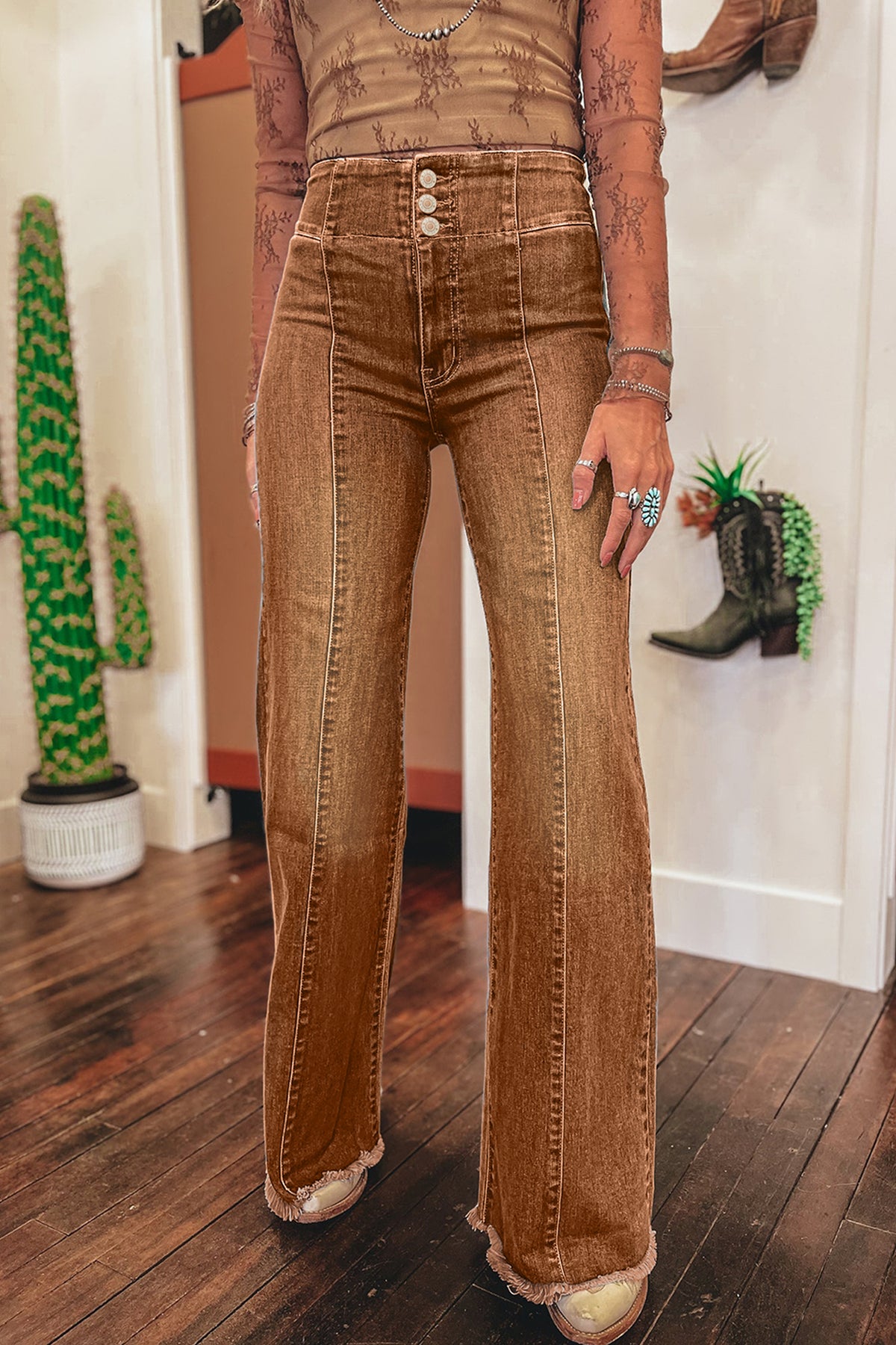 Sail Blue High Waist Button Fly Seamed Raw Hem Flare Jeans