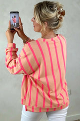 Pink Stripe Dropped Shoulder Round Neck Casual Sweatshirt