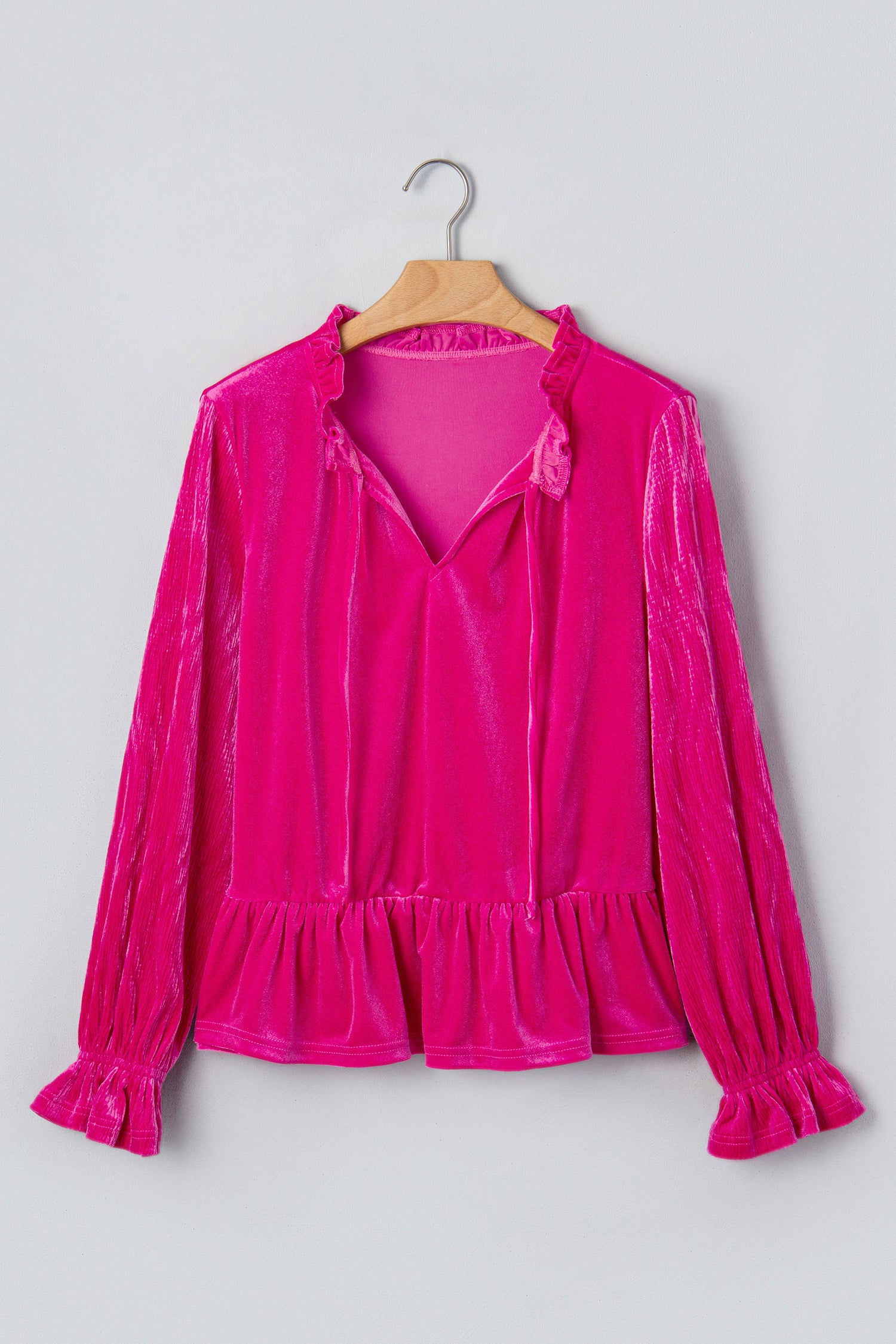 Strawberry Pink V Neck Velvet Ruffled Cuffs Hem Long Sleeve Top