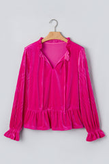 Strawberry Pink V Neck Velvet Ruffled Cuffs Hem Long Sleeve Top