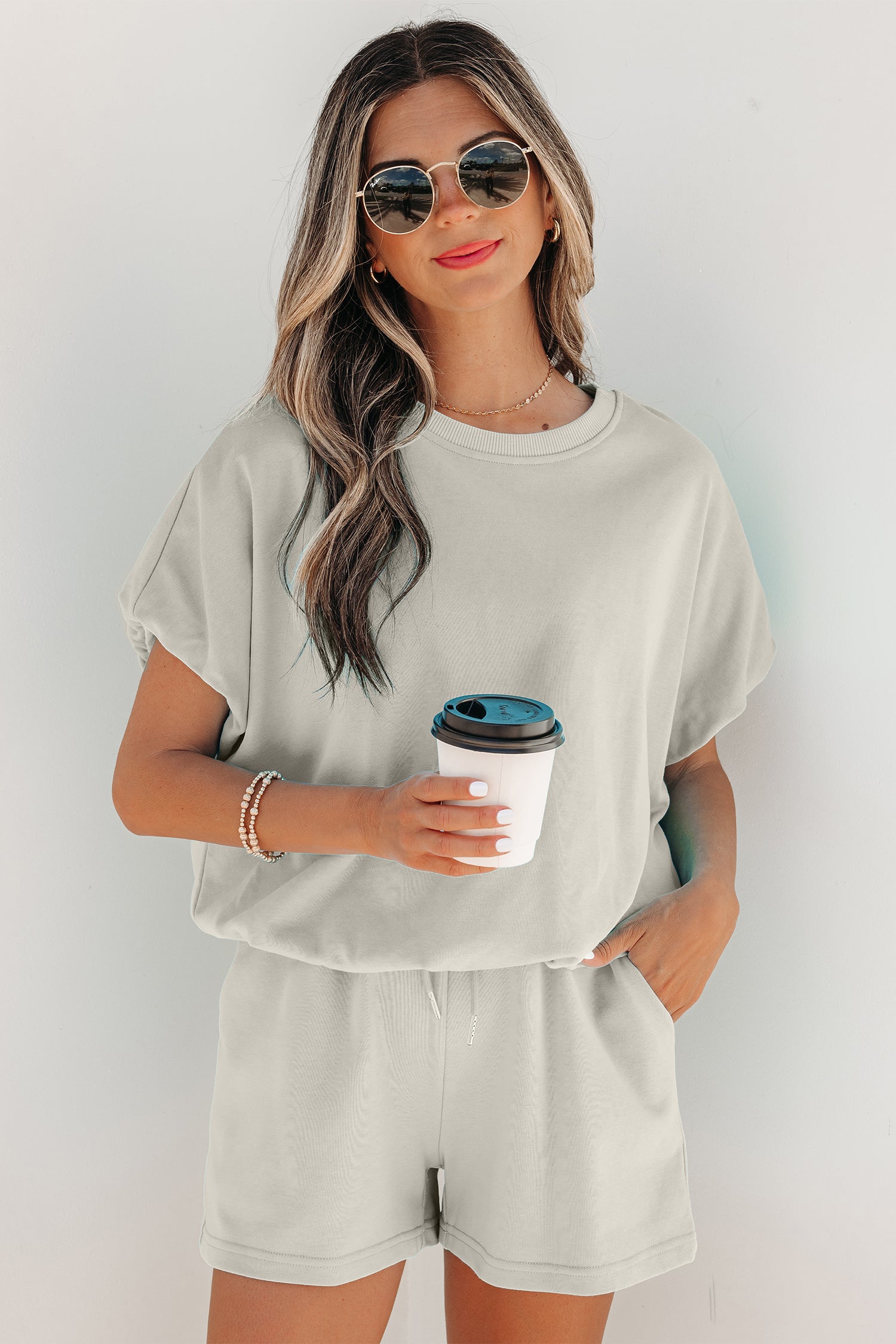 Light Blue Solid Color Puffy Loose Top Drawstring Shorts 2pcs Outfit