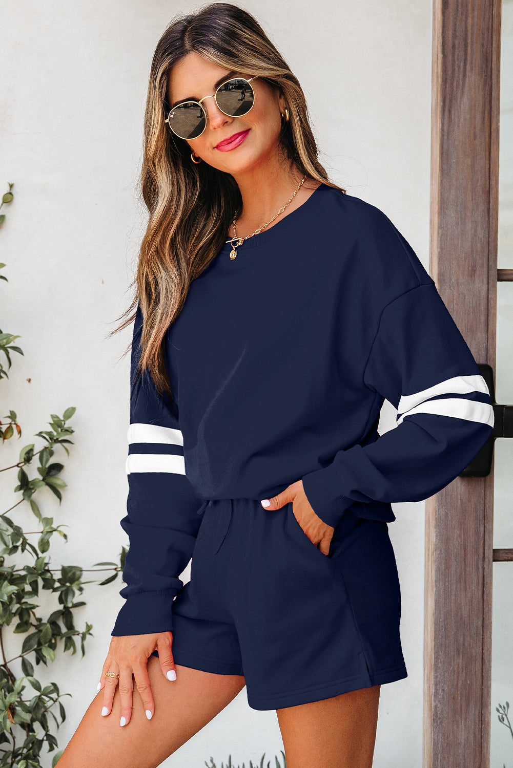 Orange Varsity Striped Sleeve Drop Shoulder Sweatshirt and Short Set