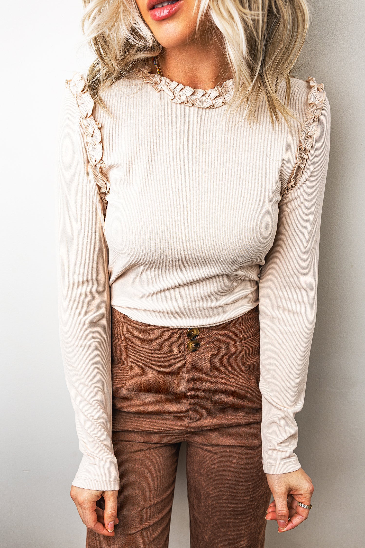 Beige Solid Color Round Neck Frill Detail Long Sleeve Top