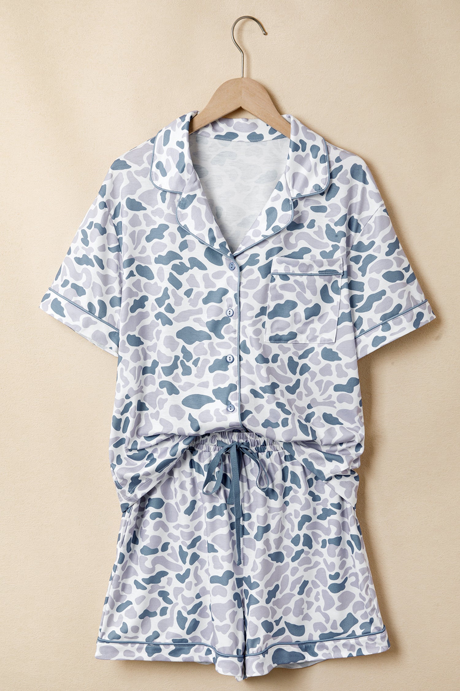 Beige Polka Dot Print Lapel Shirt Drawstring 2pcs Short Pajama Set