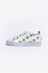 White Soccer Football Print Frayed Canvas Lace-up Shoes