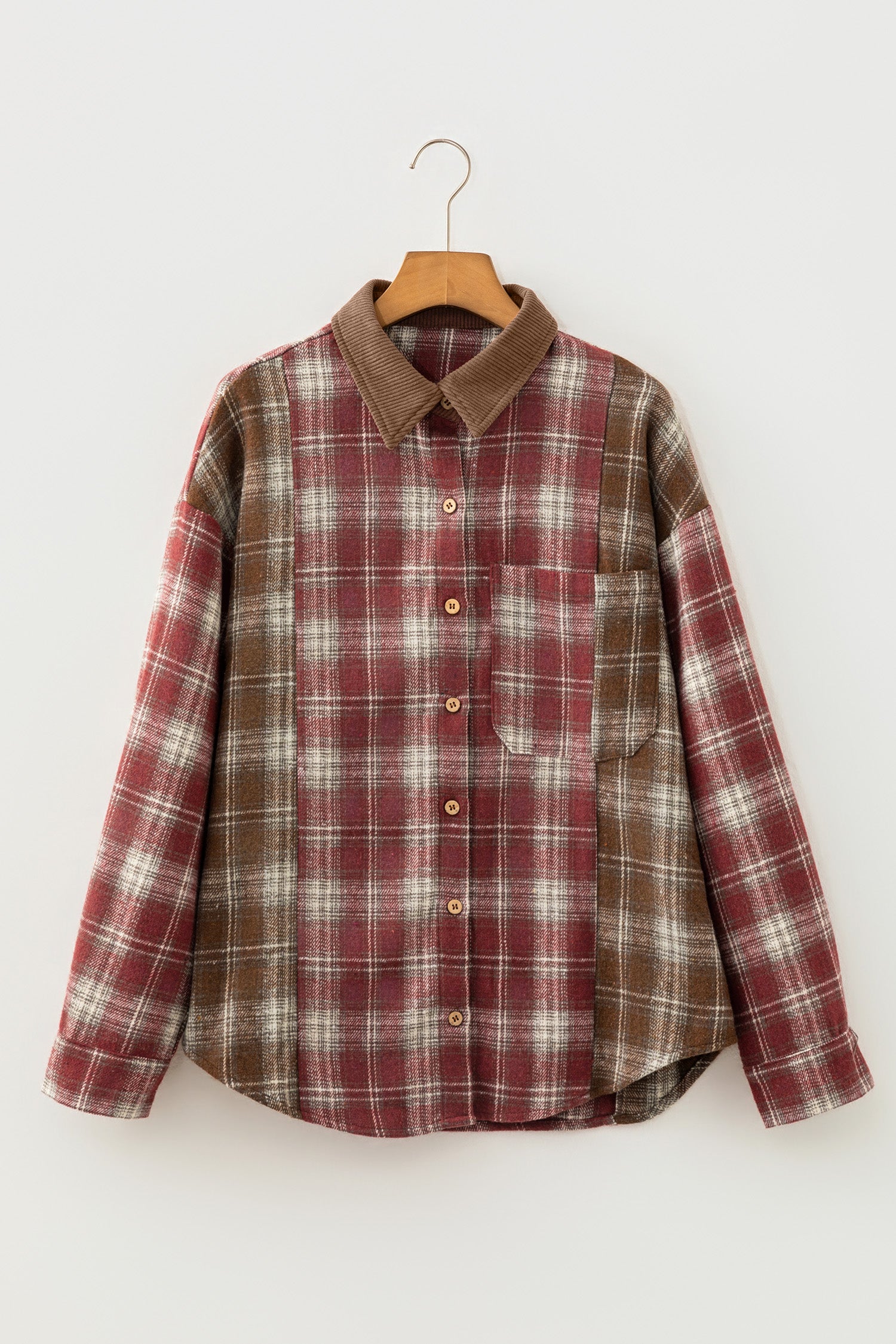 Red Contrast Plaid Long Sleeve Button Down Shacket