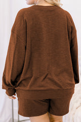 Chestnut Drop Shoulder Long Sleeve Top Elastic Waist Shorts Plus Size Set