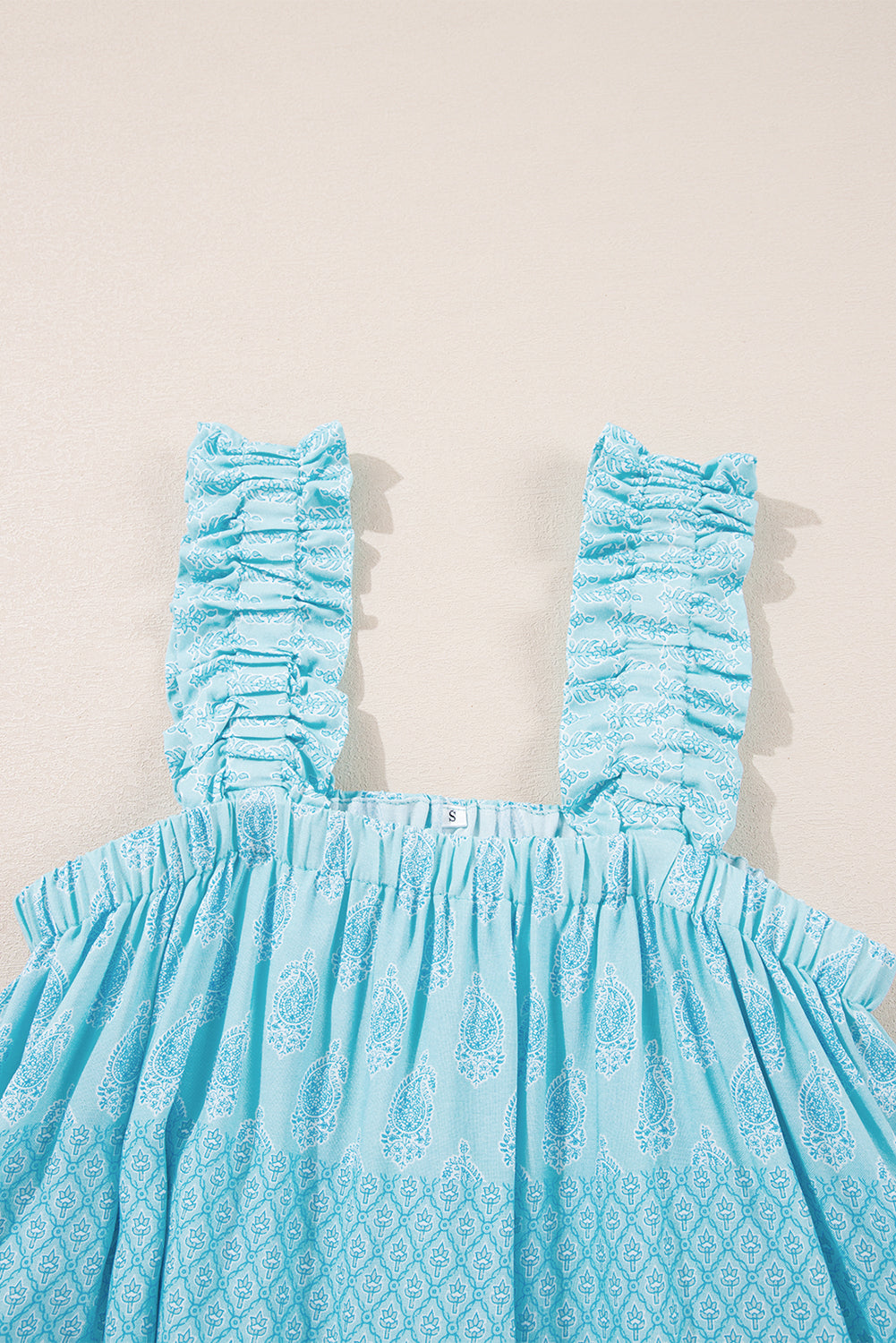 Sky Blue Floral Print Ruffled Wide Strap Loose Top