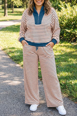 Pink Stripe Striped Colorblock V Neck Long Sleeve Plus Size Set
