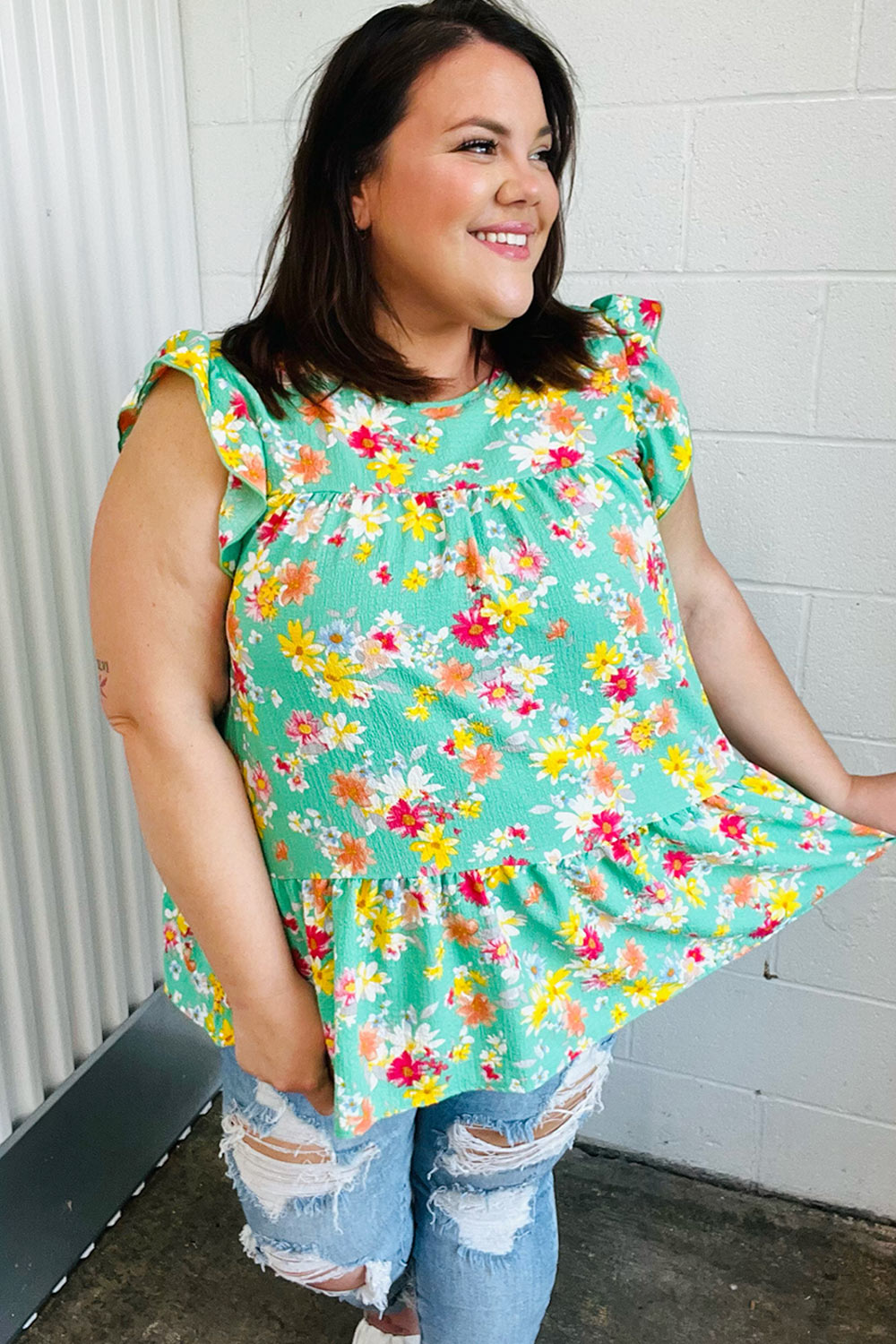 Mint Floral Yoke Flutter Sleeve Keyhole Back Top