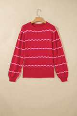 Red Stripe Striped Round Neck Long Sleeve Shift Pullover Sweater