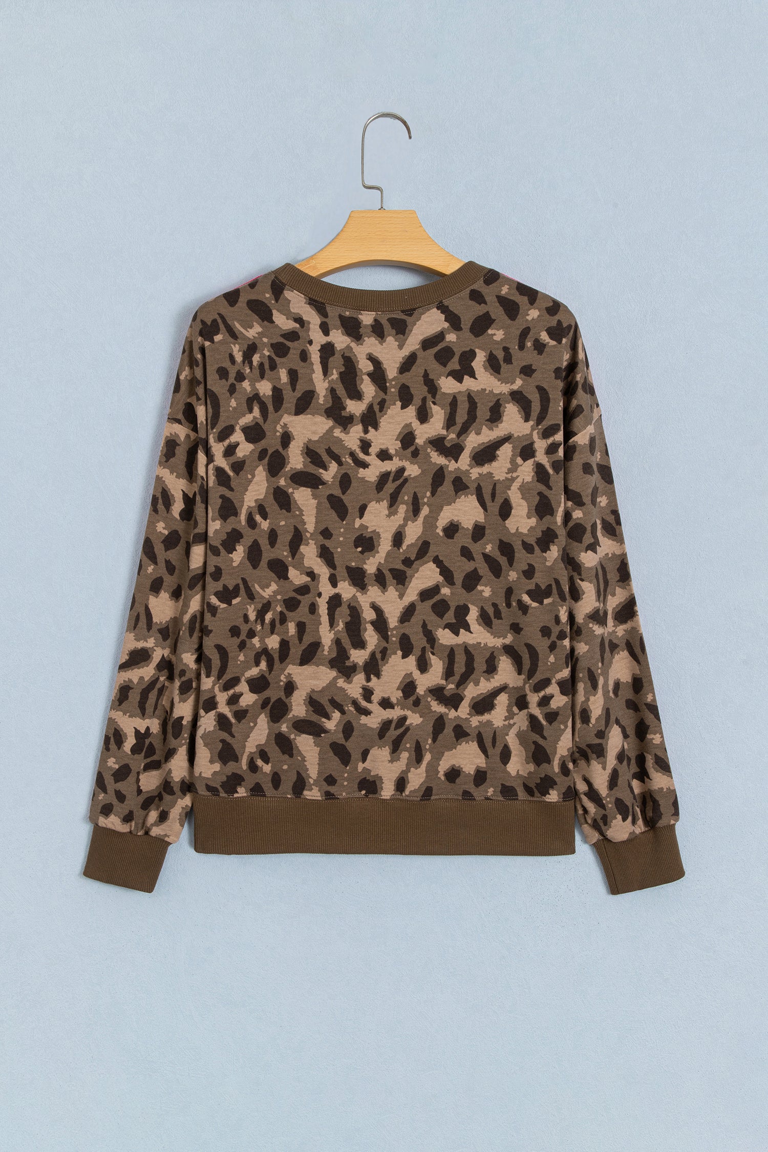 Brown Leopard Print Striped Detail Relaxed Pullover Sweatshirt
