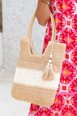 Chestnut Color Block Straw Woven Tassel Decor Tote Bag