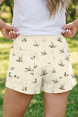 Beige Wild Duck Mallard Printed Drawstring Denim Shorts