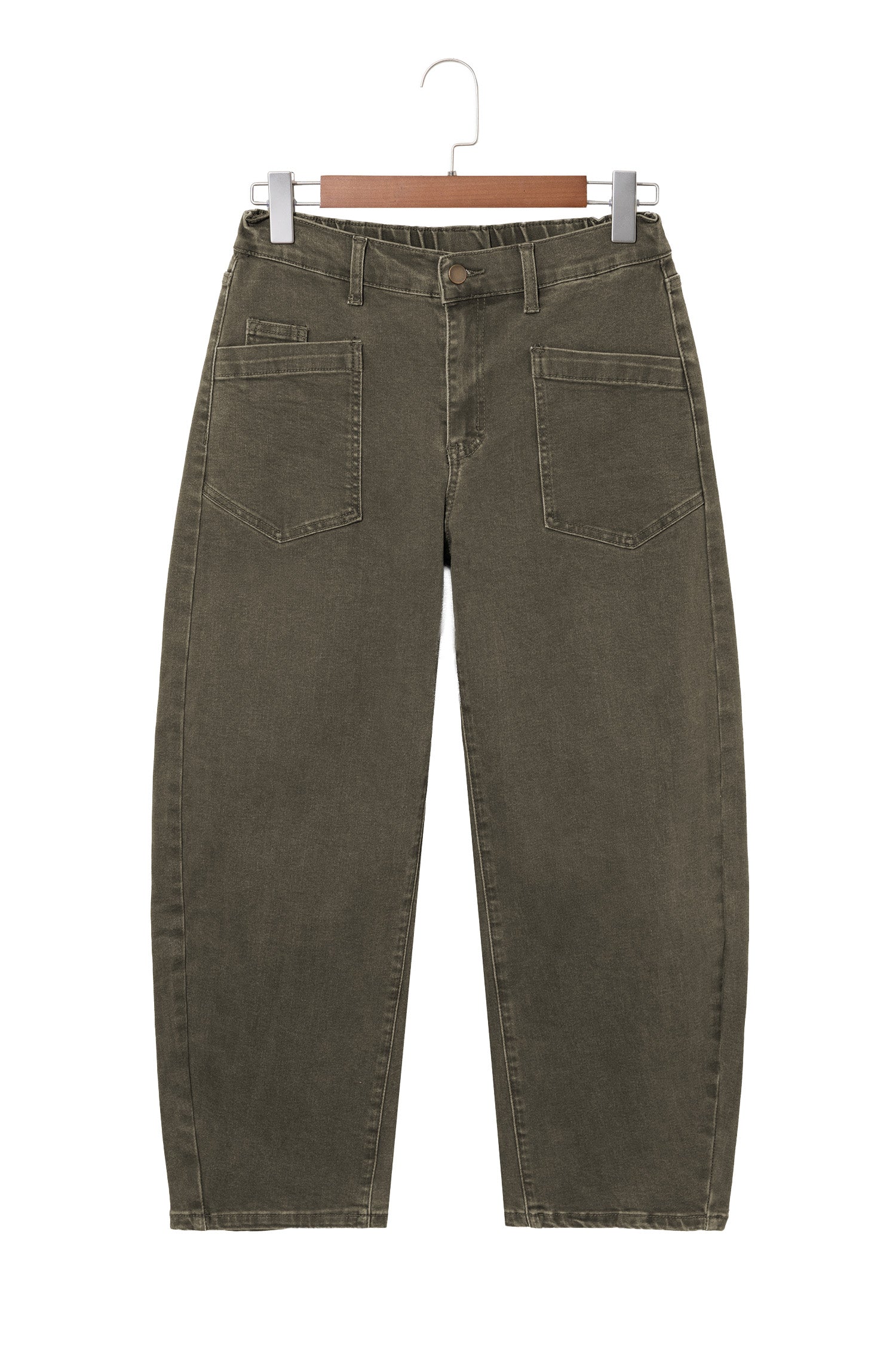 Beau Blue Solid Color Square Patch Pocket Ankle-length Barrel Jeans