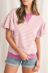 Sachet Pink Striped Ruffle Sleeve Round Neck Top