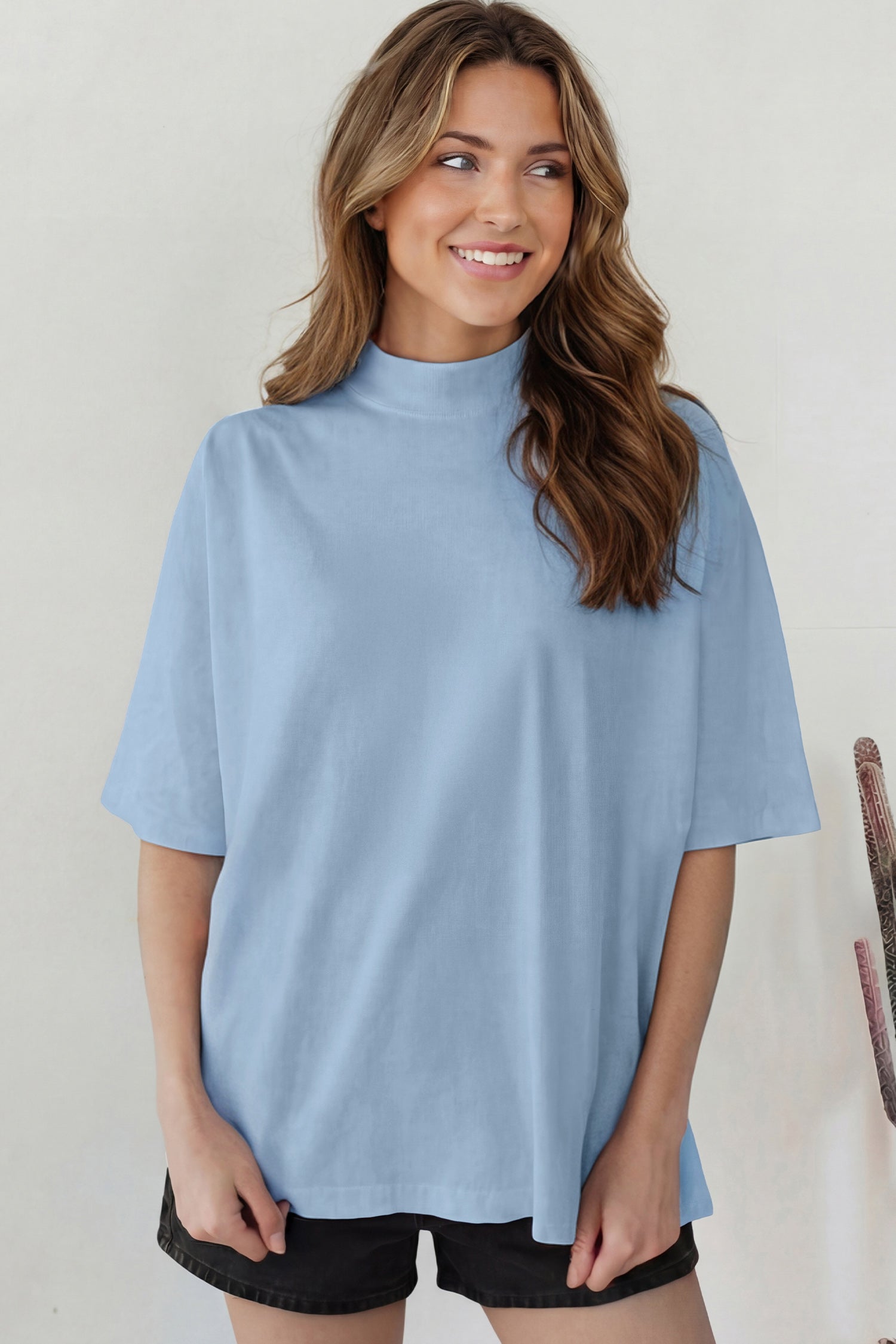 Dark Blue Solid Color High Neck Oversize Tee