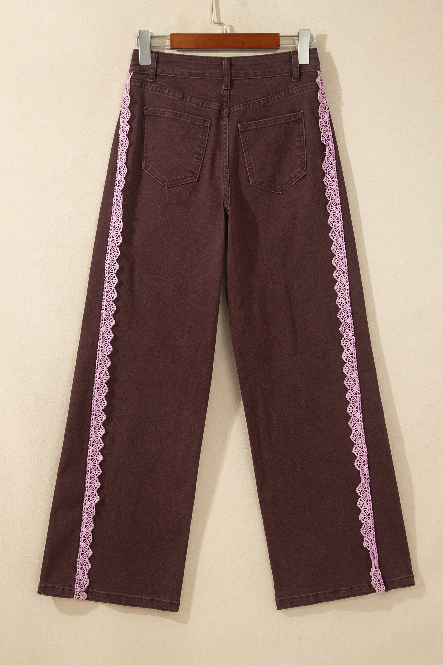 Coffee Lace Trim Casual Full-Length Regular Fit Jeans