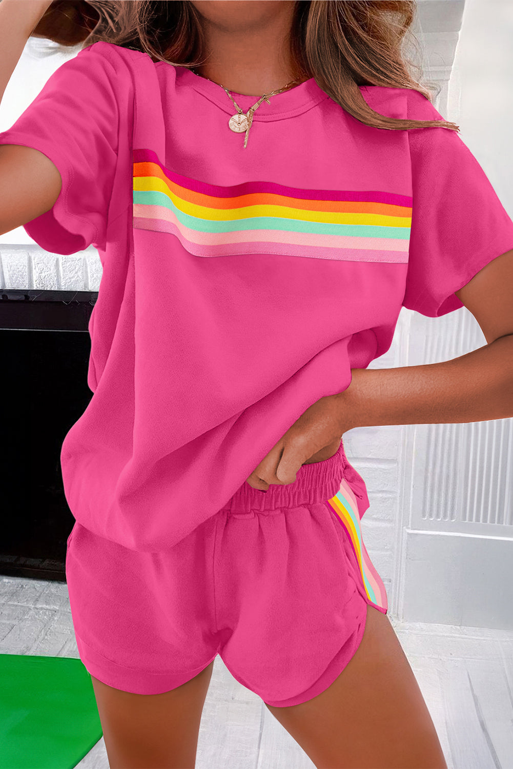 Beige Vibrant Striped Detail Athleisure 2pcs Short Set