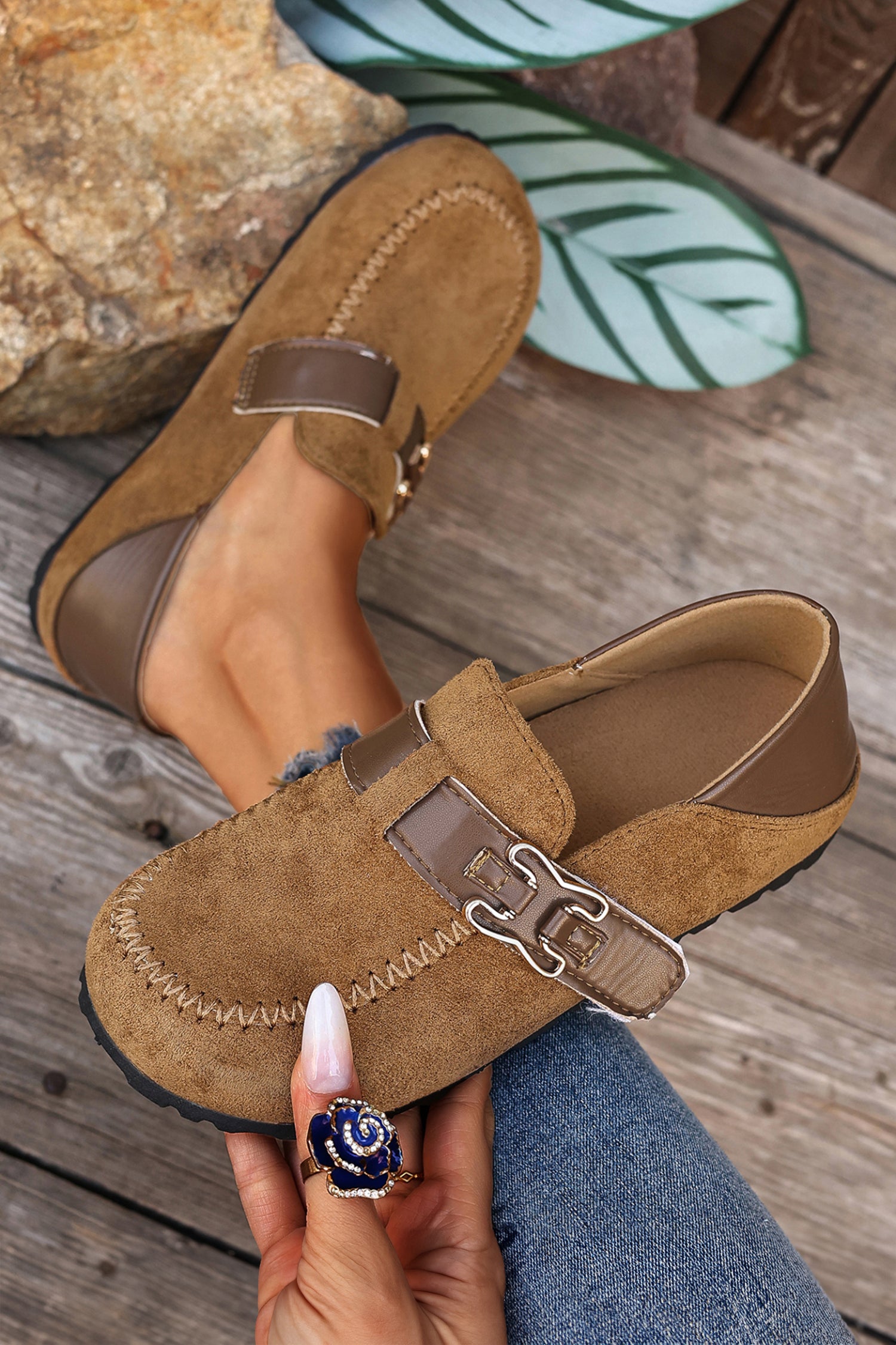 Khaki Faux Suede PU Leather Patchwork Retro Buckle Slip On Shoes