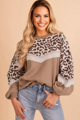 Straw Yellow Leopard Color Block Knit Round Neck Baggy Sweater