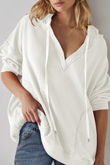 White Oversize Waffle Drop Shoulder Exposed Seam V Neck Hoodie
