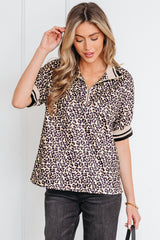 Khaki Leopard Print Half Zip Striped Trim Patchwork Short Sleeve Top