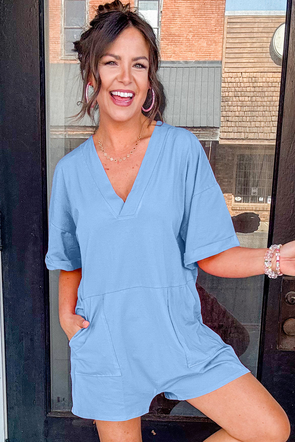 Myosotis Loose Half Sleeve V Neck Plain Romper