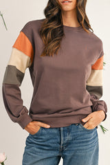 Dark Khaki Colorblock Drop Shoulder Pullover Casual Sweatshirt