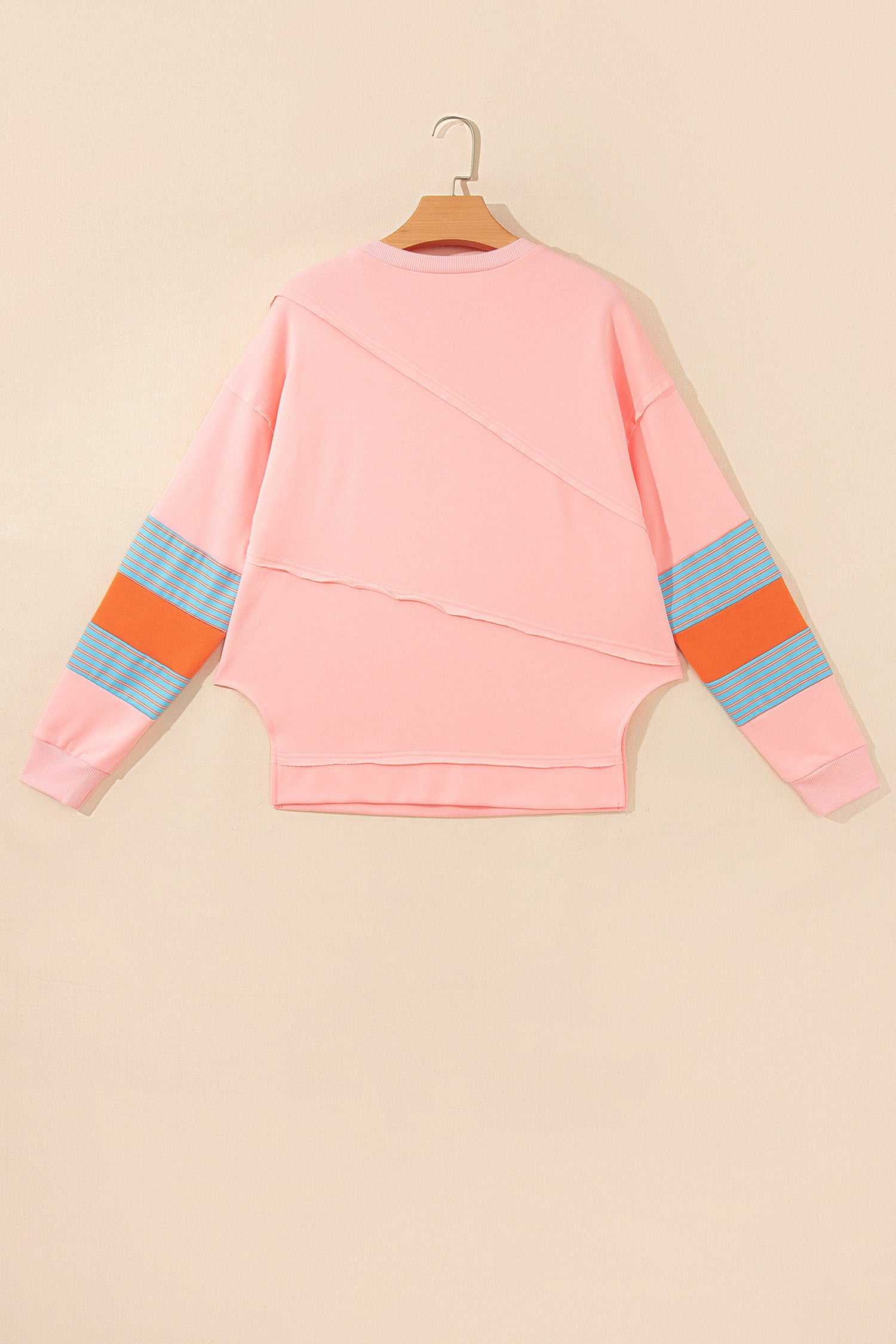 Pink Colorblock Striped Patchwork Raw Detail Long Sleeve Top