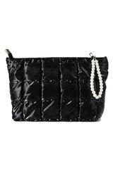 Color black PU Leather Quilted Texture Pearl Chain Zip Makeup Bag