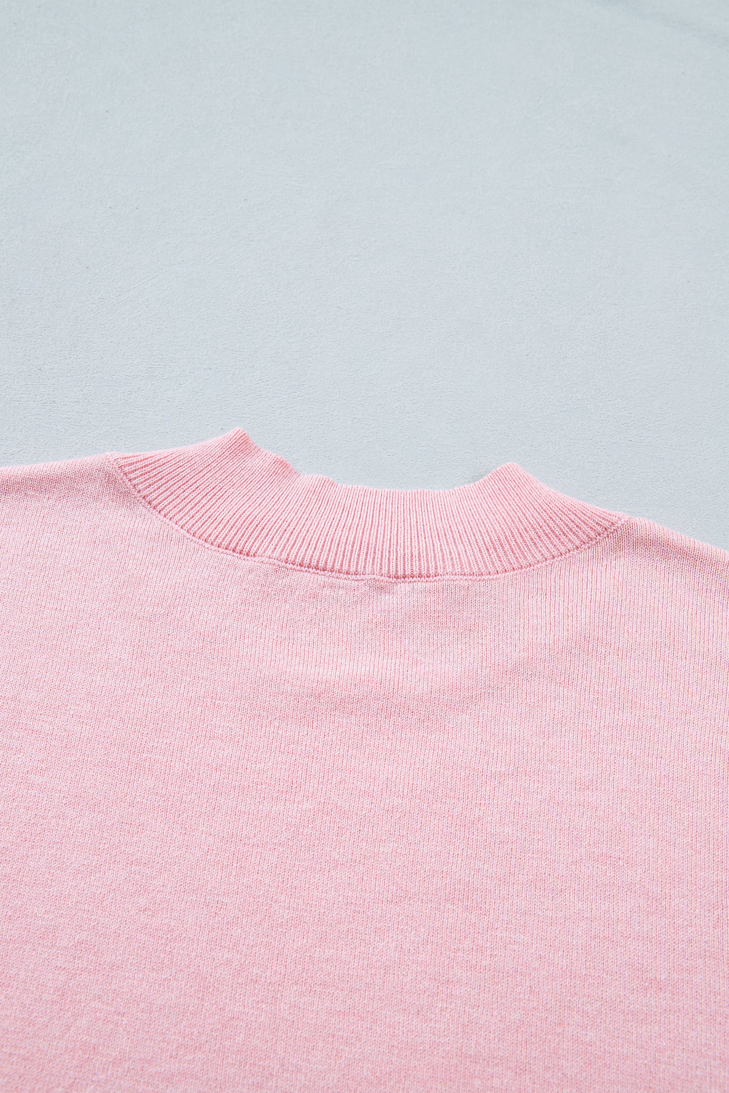 Pink Stand Neck Contrast Wavy Trim Short Sleeve Sweater
