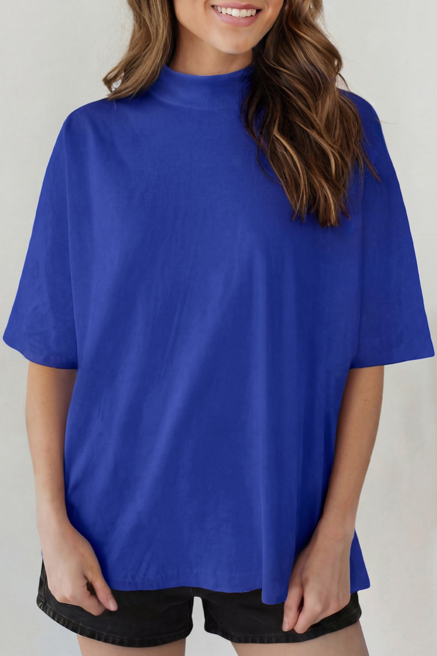 Dark Blue Solid Color High Neck Oversize Tee