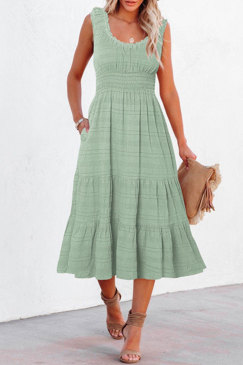 Rose Shirred Pleated Square Neck Sleeveless Midi Dress
