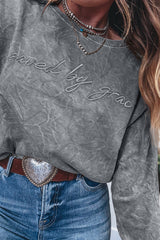 High-rise  saved by grace Letter Embroidery Mineral Wash Loose Sweatshirt