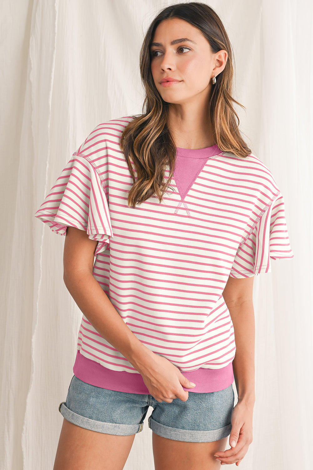 Sachet Pink Striped Ruffle Sleeve Round Neck Top