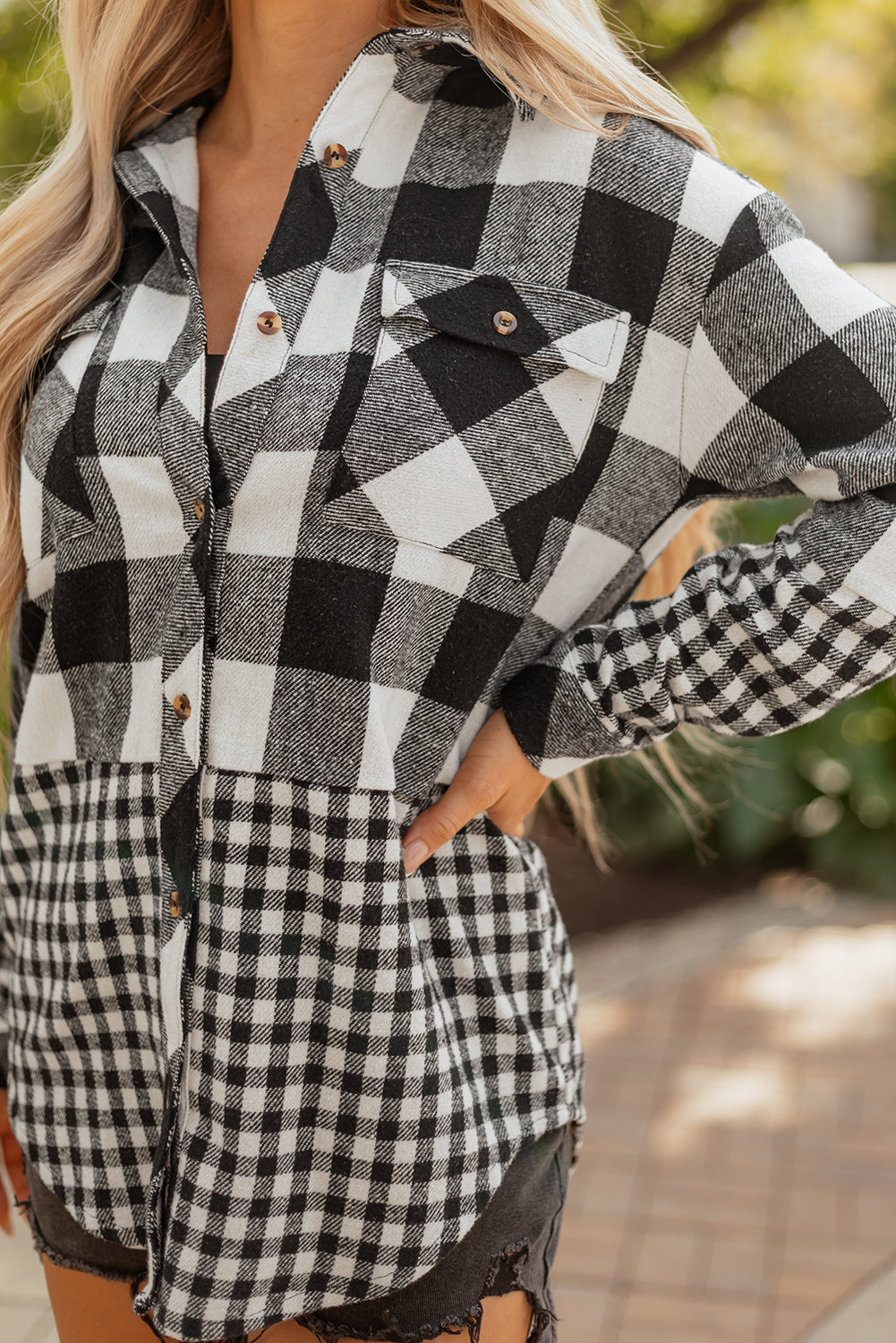 Black Double Plaid Patchwork Drawstring Hooded Shacket